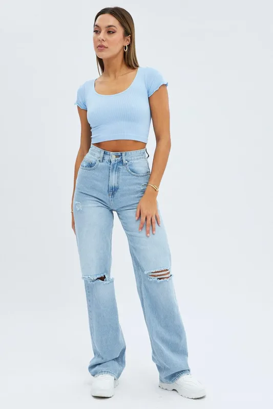 Blue T Shirt Short Sleeve Scoop Neck Seamless sold by Ally Fashion
