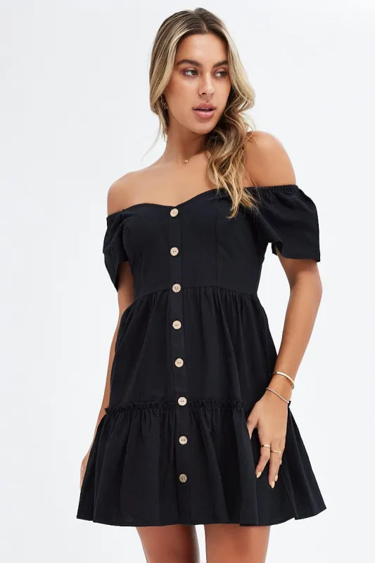 Black Button Front Mini Swing Dress sold by Ally Fashion