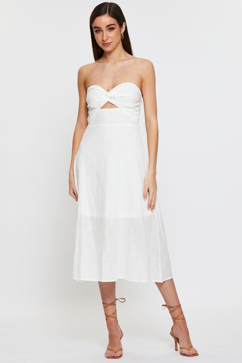 White Twist Front Bardot Midi Dress sold by Ally Fashion