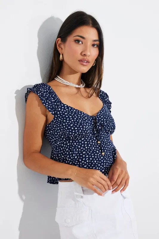Blue Ditsy Puff Sleeve Top Short Sleeve sold by Ally Fashion