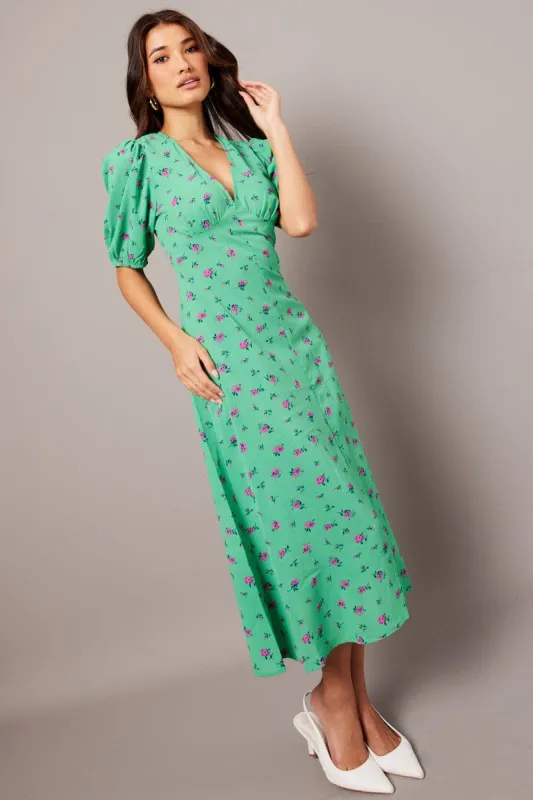 Green Floral Midi Dress Puff Sleeve Tea Dress sold by Ally Fashion
