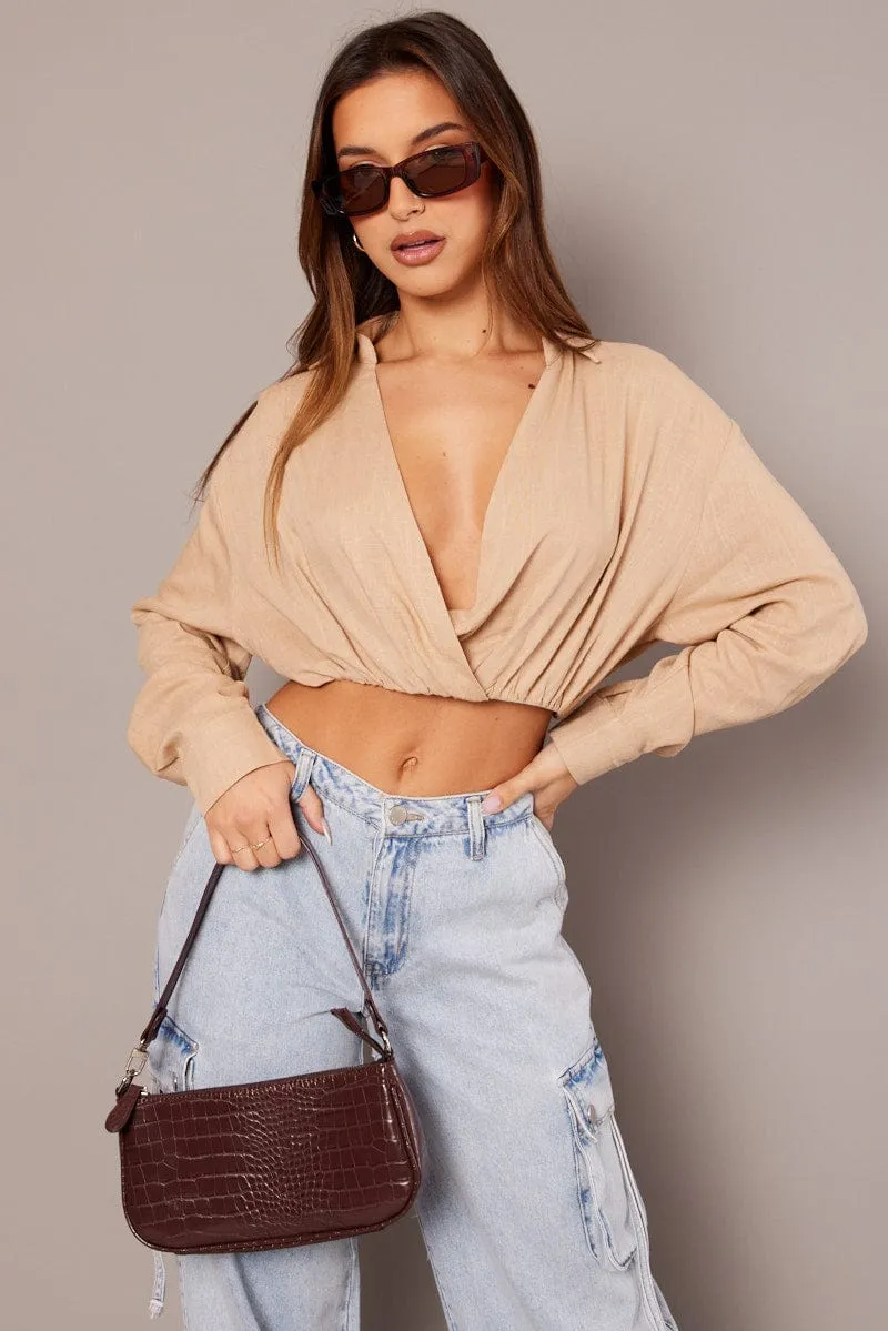Beige Twist Front Cropped Relaxed Collared Shirt sold by Ally Fashion
