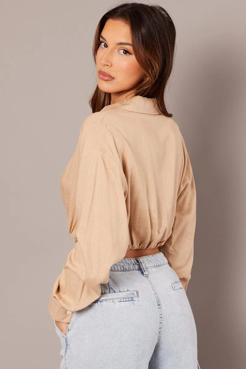 Beige Twist Front Cropped Relaxed Collared Shirt sold by Ally Fashion product image thumbnail 5