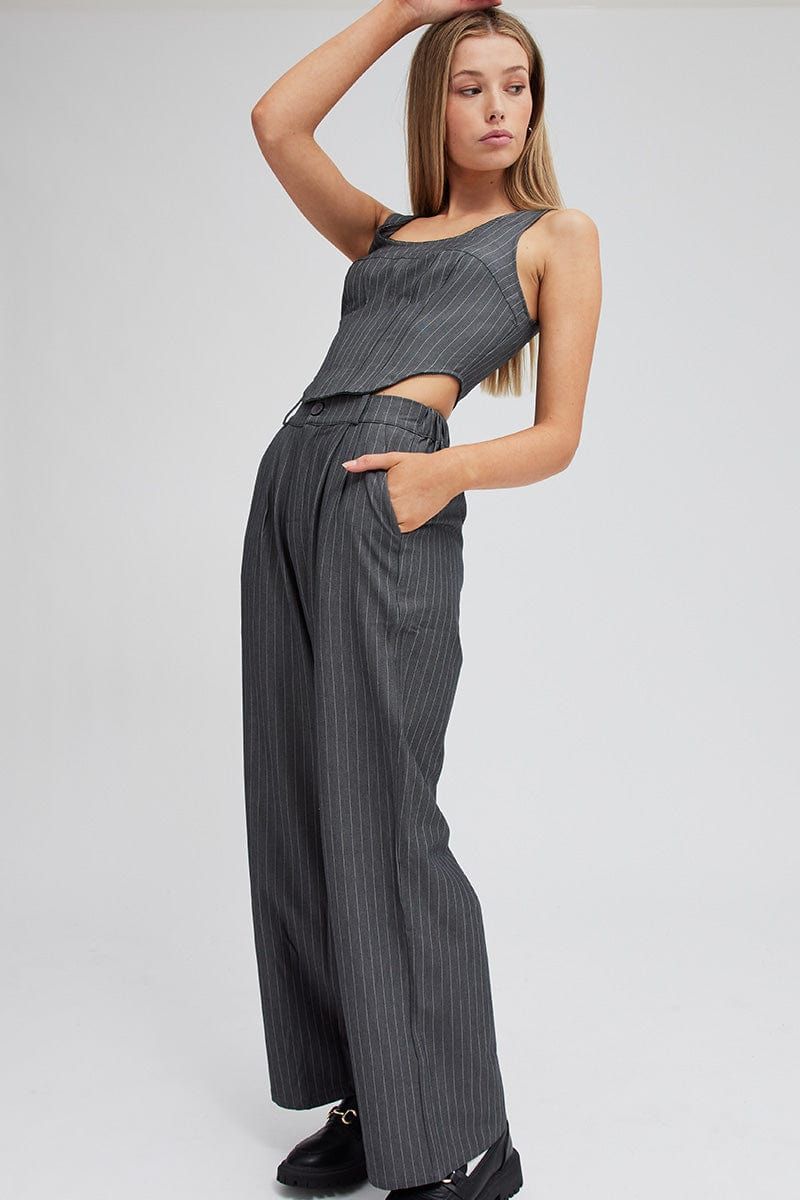 Grey Stripe Wide Leg Pants High Rise sold by Ally Fashion