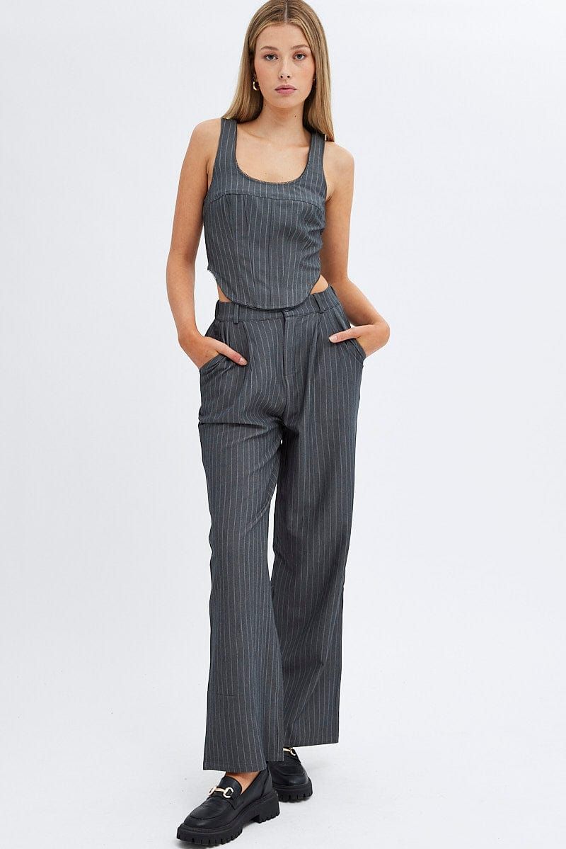 Grey Stripe Wide Leg Pants High Rise sold by Ally Fashion product image thumbnail 2