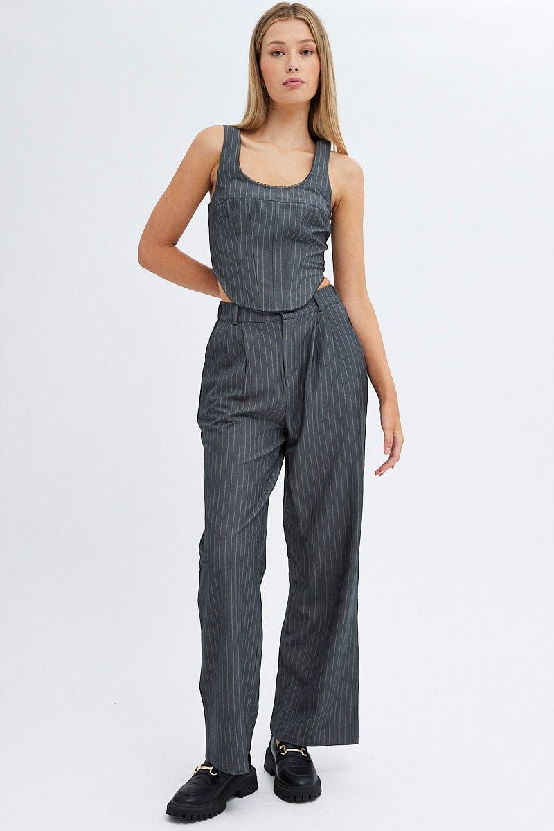 Grey Stripe Wide Leg Pants High Rise sold by Ally Fashion product image thumbnail 4