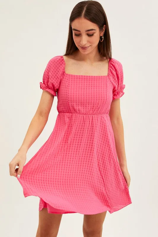 Pink Square Neck Puff Sleeve Skater Dress sold by Ally Fashion