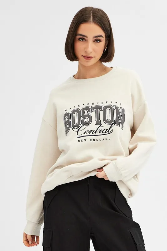 Beige Beige Graphic Tee Long Sleeve sold by Ally Fashion