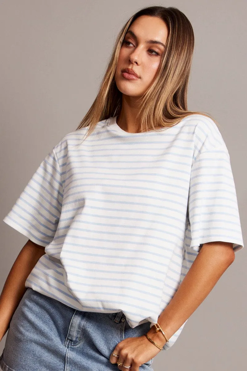Blue Stripe Oversized T Shirt Short Sleeve Crew Neck sold by Ally Fashion product image thumbnail 3