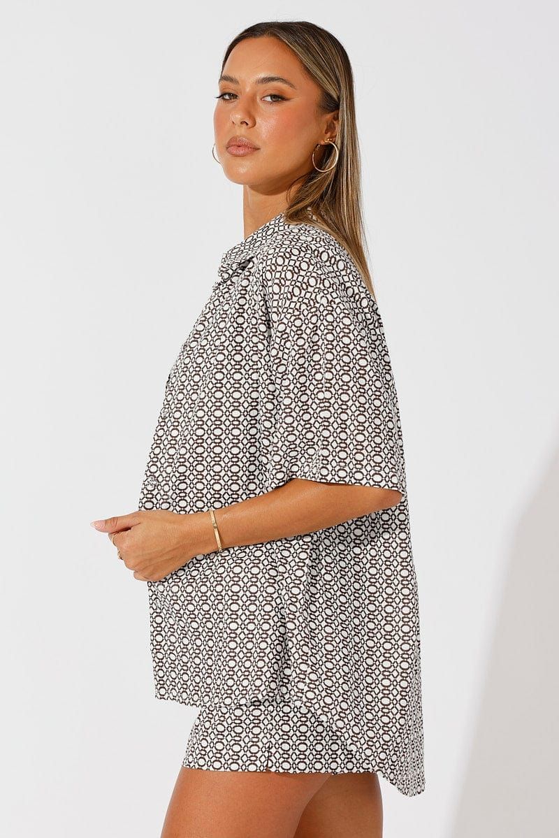 Brown Geo Linen Shirt Short Sleeve sold by Ally Fashion product image thumbnail 4