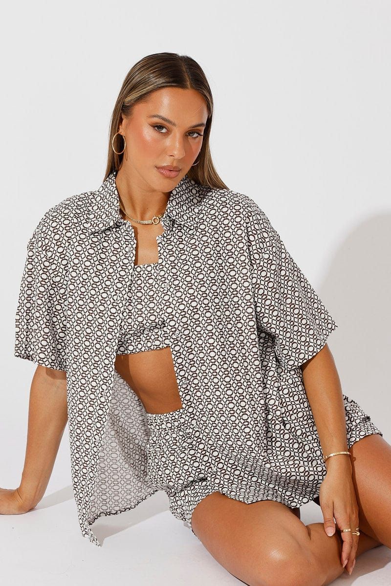 Brown Geo Linen Shirt Short Sleeve sold by Ally Fashion