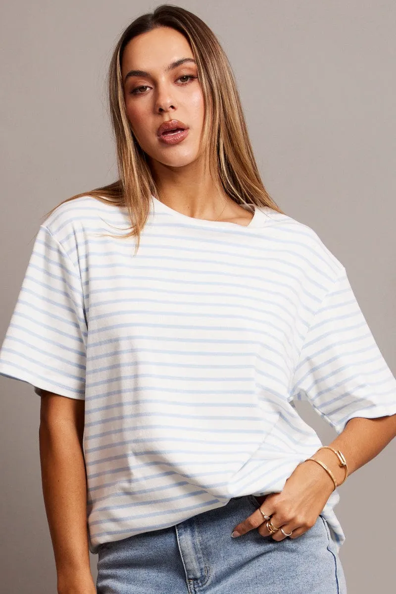 Blue Stripe Oversized T Shirt Short Sleeve Crew Neck sold by Ally Fashion