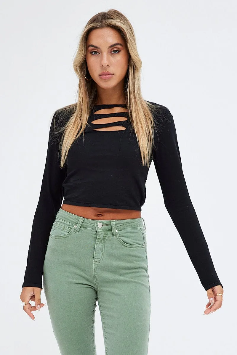 Black Crop Top Long Sleeve Crew Neck Keyhole Cotton sold by Ally Fashion product image thumbnail 3