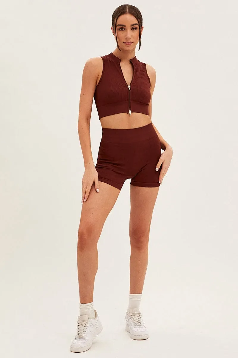 Brown Seamless Zip Top And Bike Shorts Activewear Set sold by Ally Fashion product image thumbnail 2