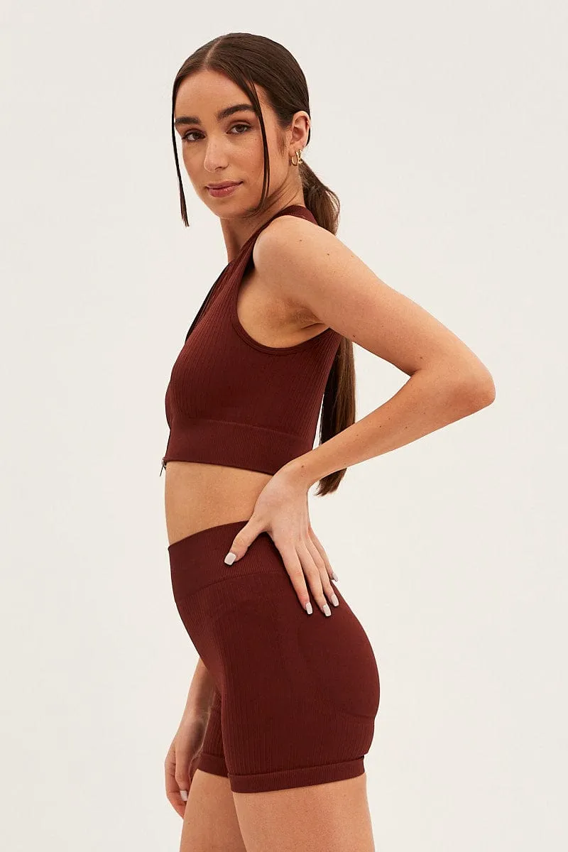 Brown Seamless Zip Top And Bike Shorts Activewear Set sold by Ally Fashion product image thumbnail 4