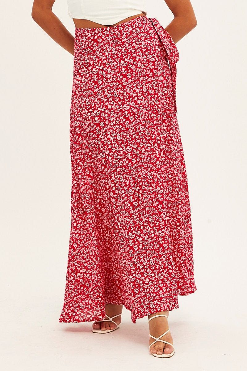 Red Floral Wrap Skirt Maxi High Rise sold by Ally Fashion product image thumbnail 2
