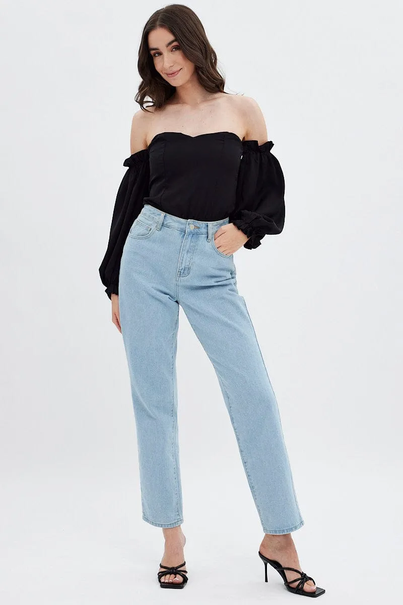 Black Off Shoulder Balloon Sleeve Bodysuit sold by Ally Fashion product image thumbnail 3