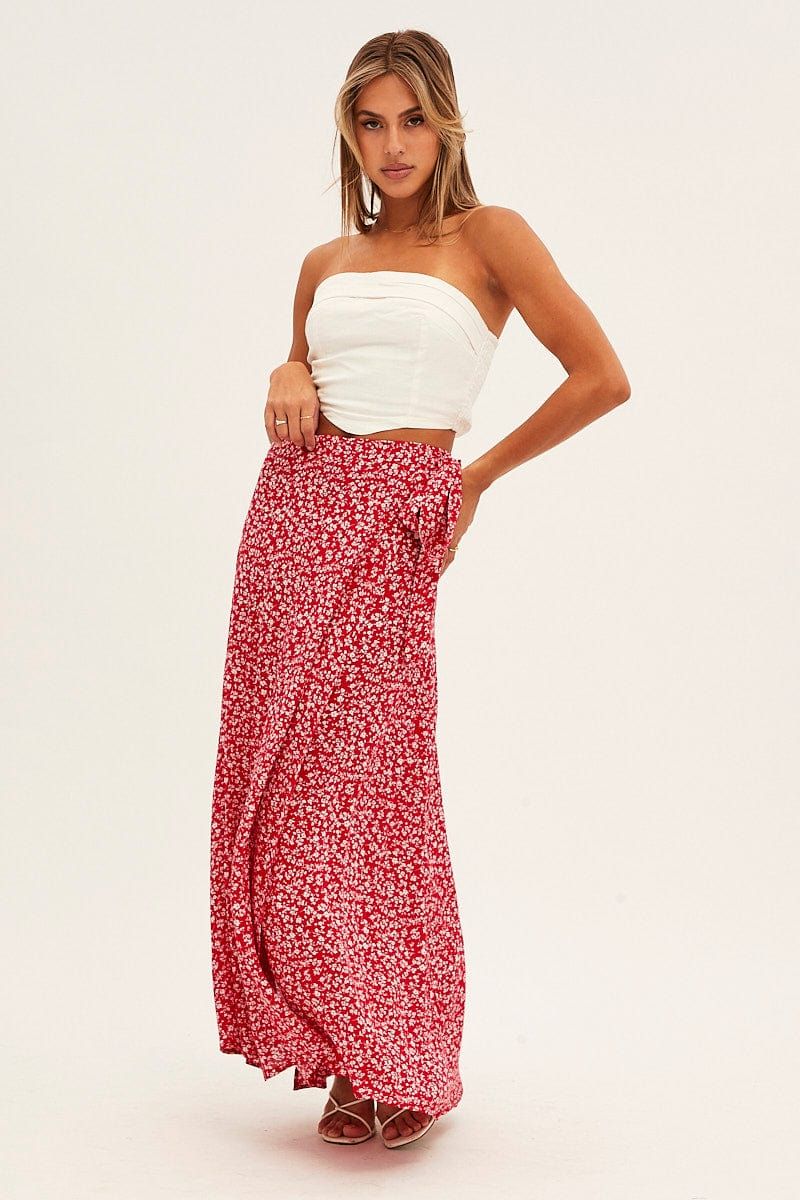 Red Floral Wrap Skirt Maxi High Rise sold by Ally Fashion product image thumbnail 3