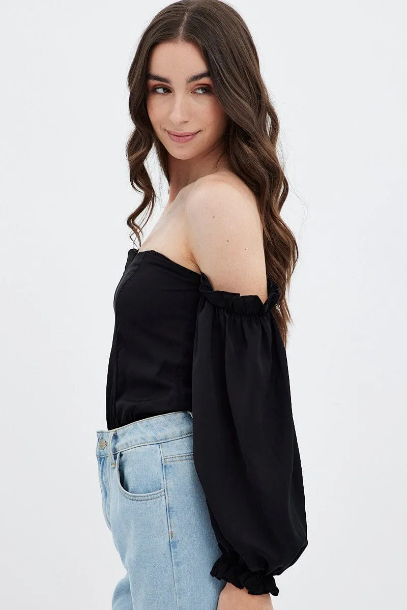 Black Off Shoulder Balloon Sleeve Bodysuit sold by Ally Fashion product image thumbnail 4