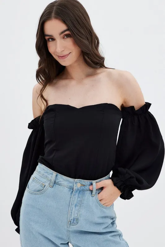 Black Off Shoulder Balloon Sleeve Bodysuit sold by Ally Fashion