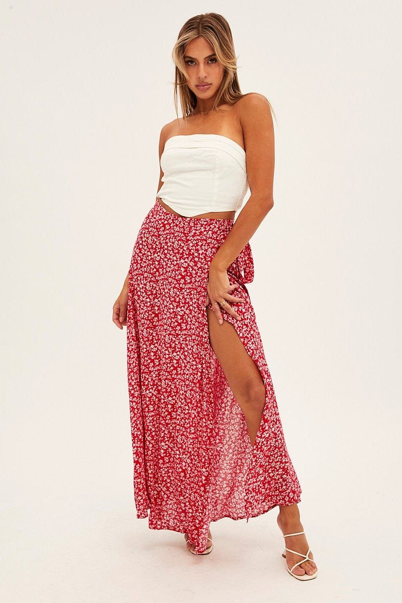 Red Floral Wrap Skirt Maxi High Rise sold by Ally Fashion