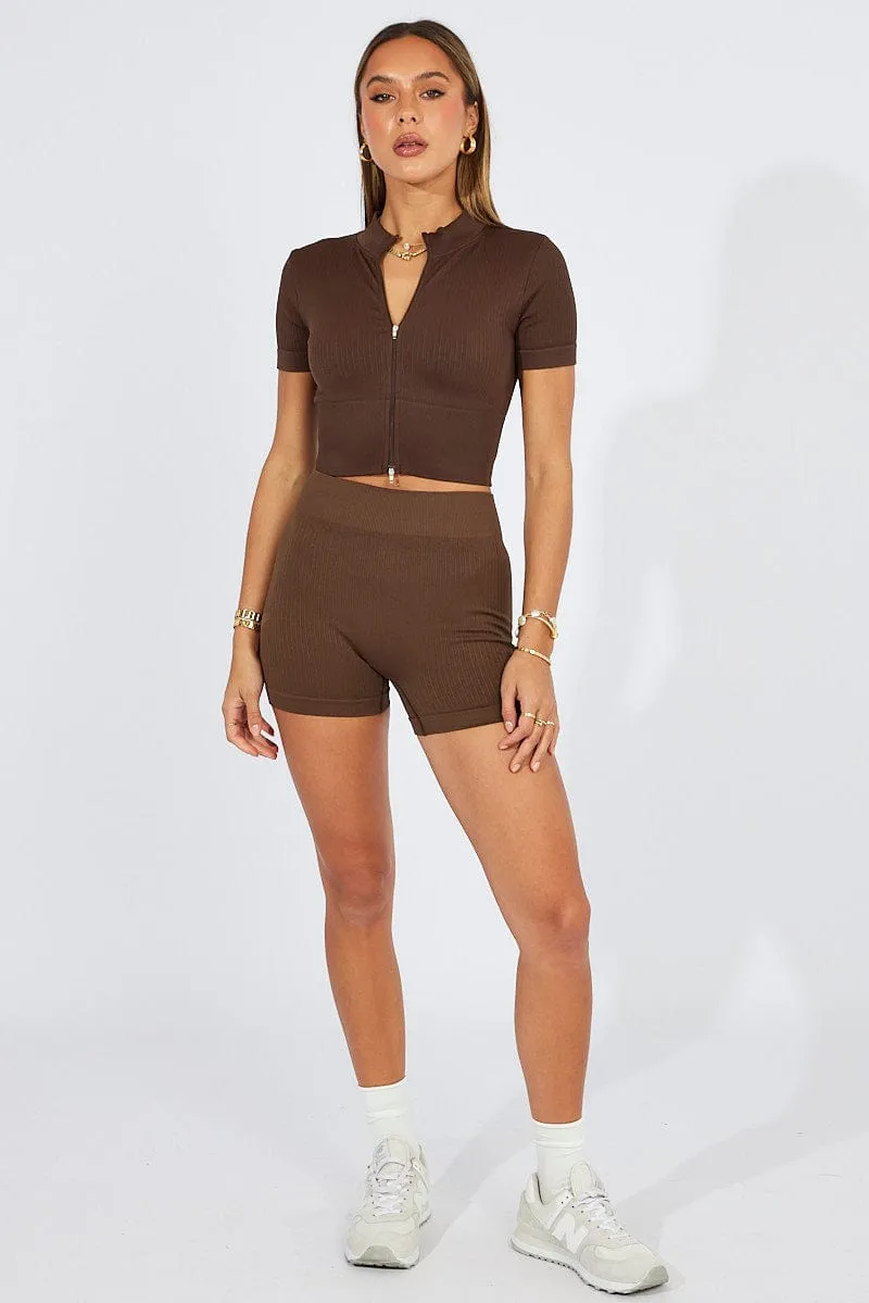 Brown Seamless Zip Top And Bike Shorts Activewear Set sold by Ally Fashion product image thumbnail 2