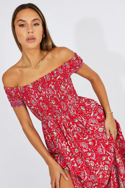 Red Boho Maxi Dress Off Shoulder sold by Ally Fashion