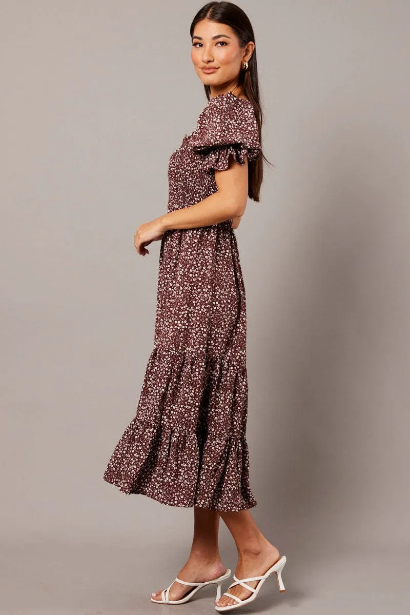 Brown Ditsy Maxi Dress Puff Sleeve sold by Ally Fashion product image thumbnail 4