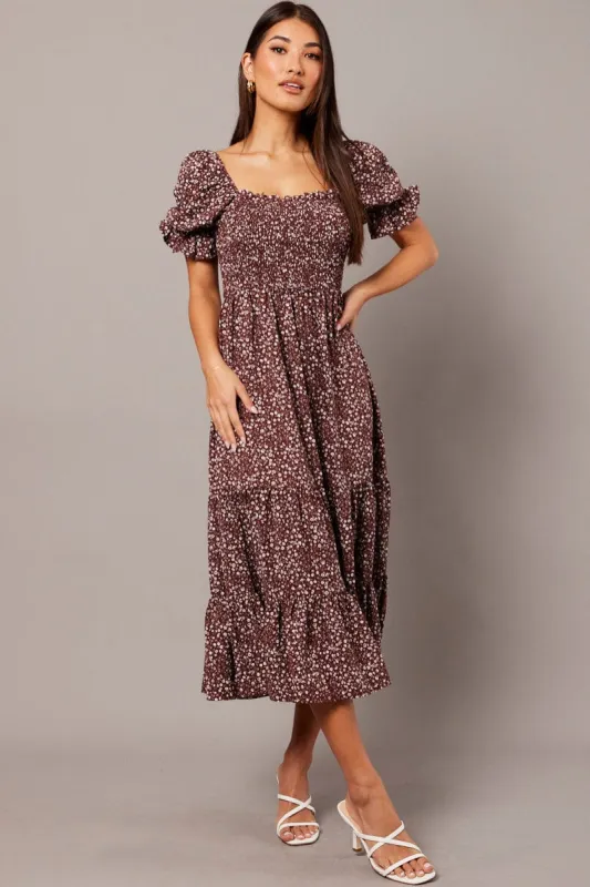 Brown Ditsy Maxi Dress Puff Sleeve sold by Ally Fashion