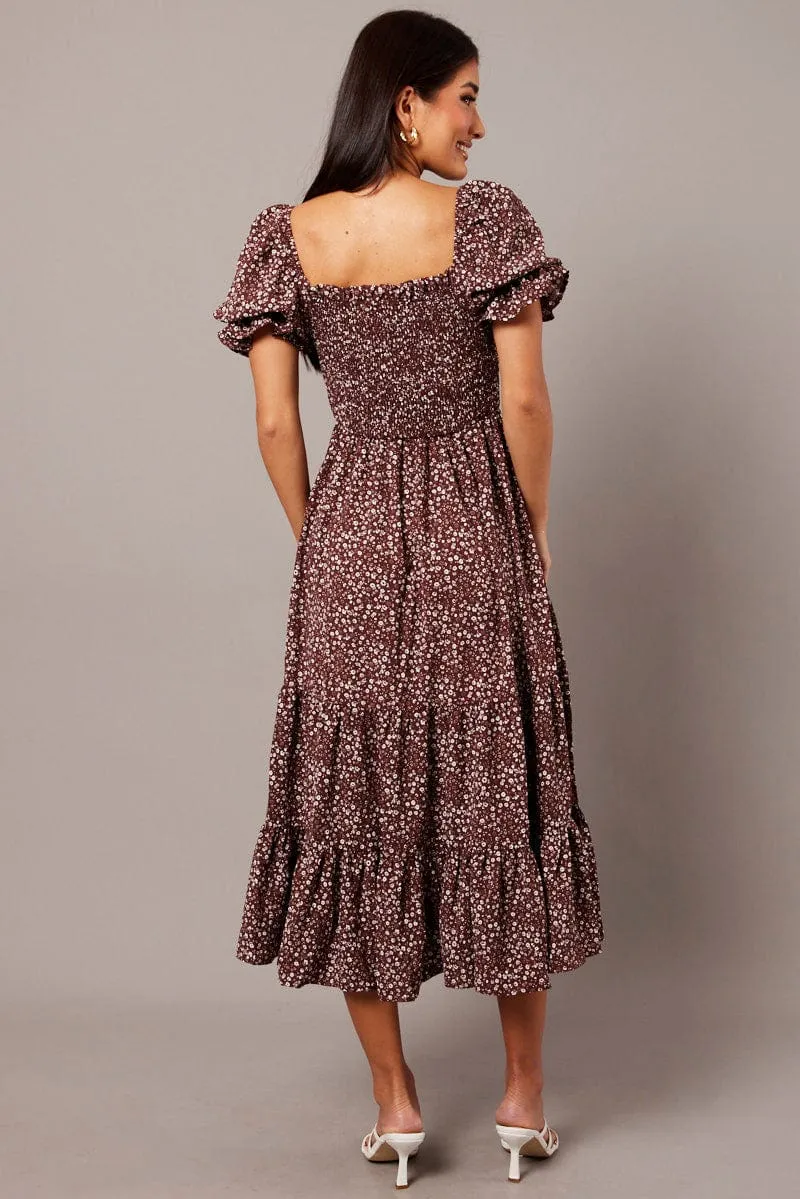 Brown Ditsy Maxi Dress Puff Sleeve sold by Ally Fashion product image thumbnail 5