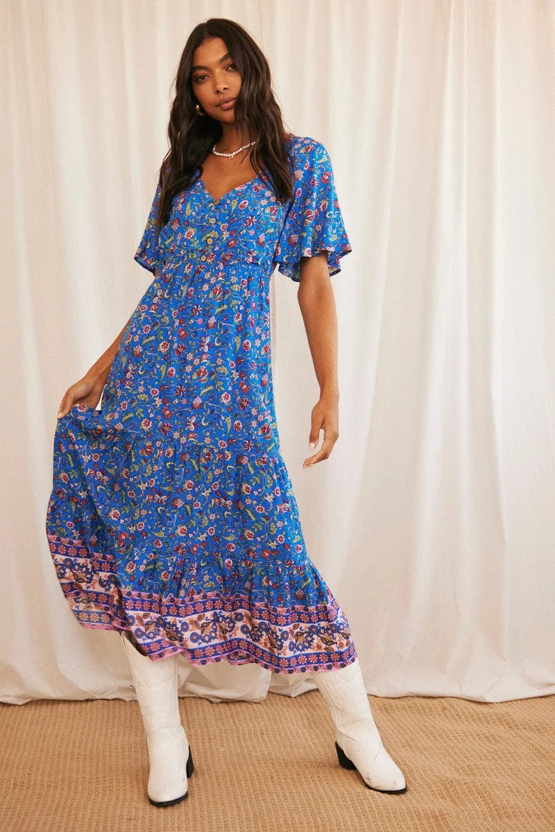 Blue Boho Maxi Dress Short Sleeve V-Neck sold by Ally Fashion