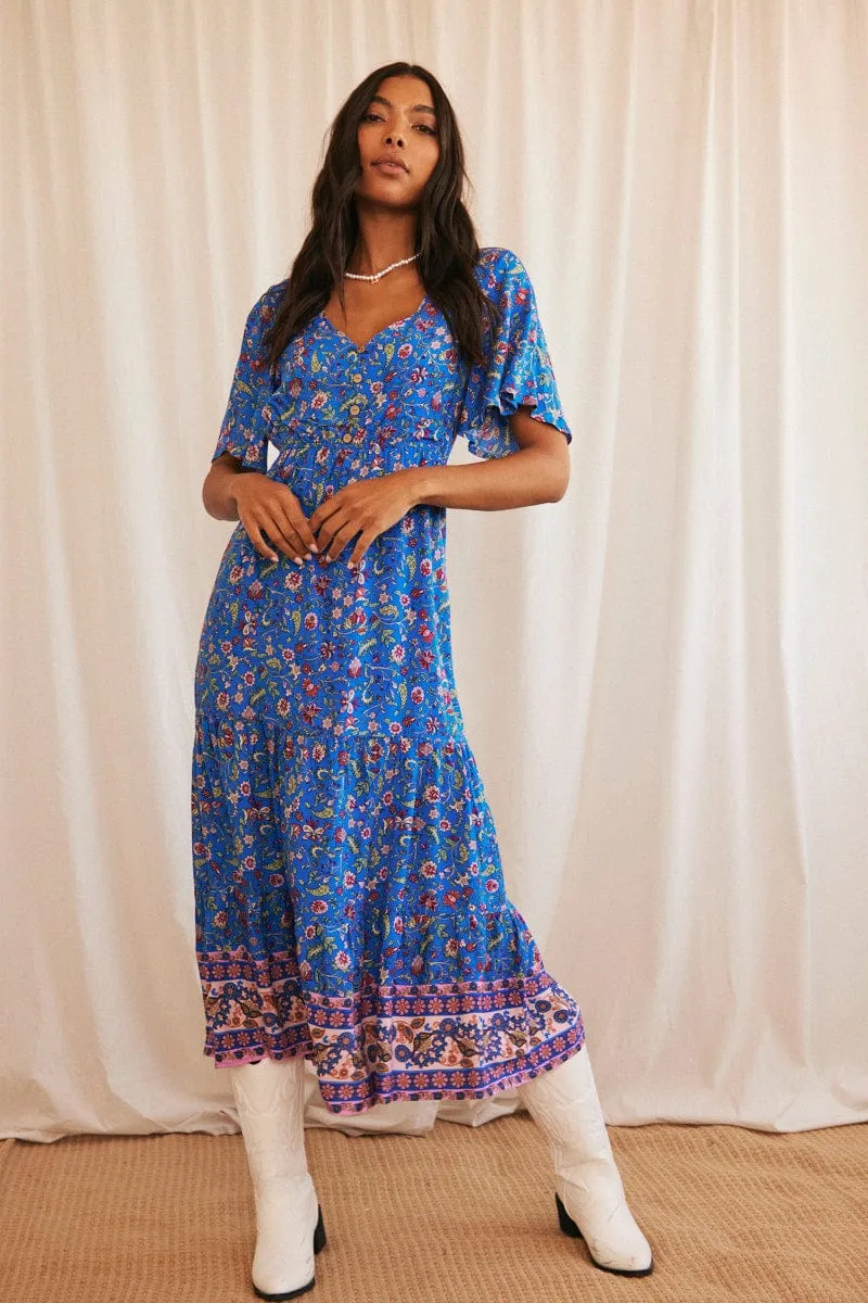 Blue Boho Maxi Dress Short Sleeve V-Neck sold by Ally Fashion product image thumbnail 3