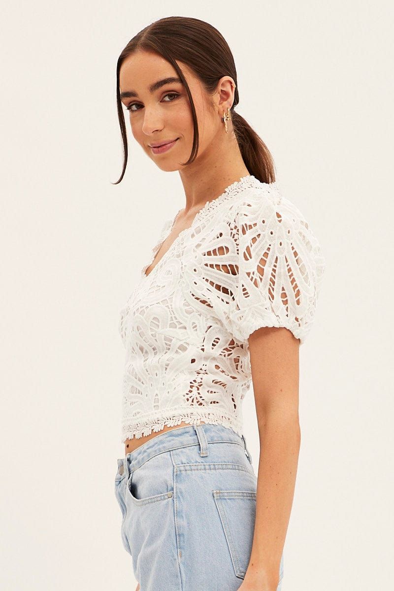 White Lace Top Short Sleeve V Neck Crop sold by Ally Fashion product image thumbnail 4