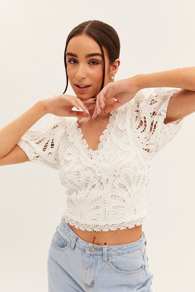White Lace Top Short Sleeve V Neck Crop sold by Ally Fashion