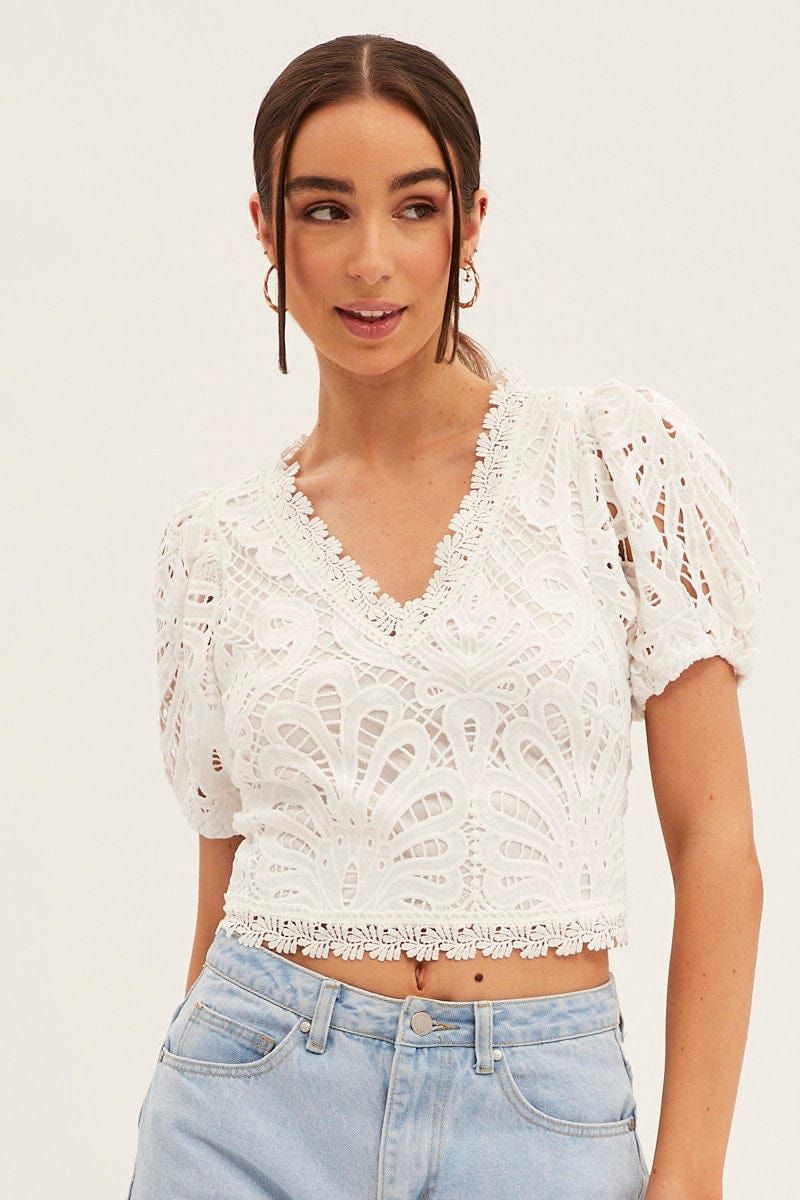 White Lace Top Short Sleeve V Neck Crop sold by Ally Fashion product image thumbnail 3