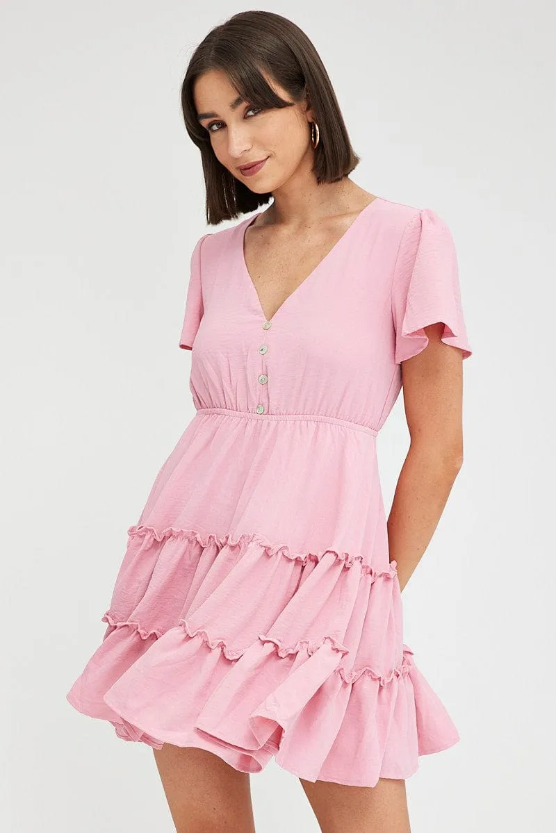 Pink Fit And Flare Dress Short Sleeve Mini sold by Ally Fashion