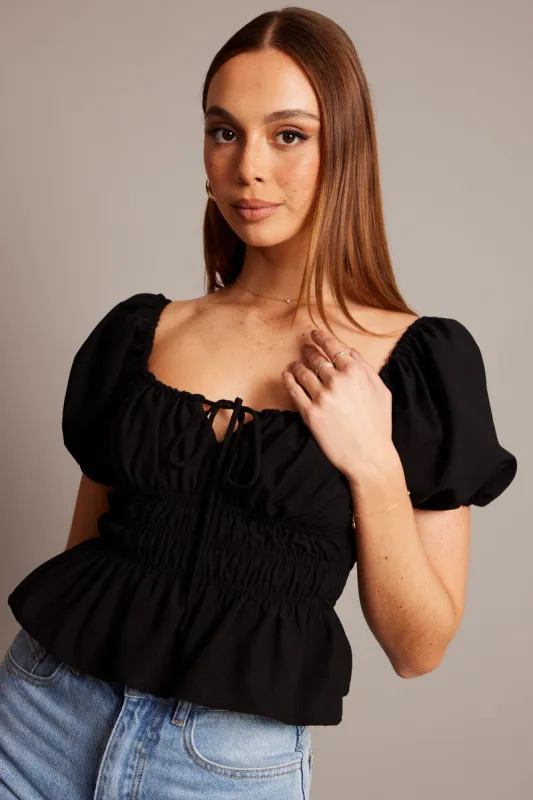 Black Peplum Top Short Sleeve Ruched sold by Ally Fashion