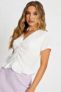 White Ruched Ruffle Hem Crop Top sold by Ally Fashion