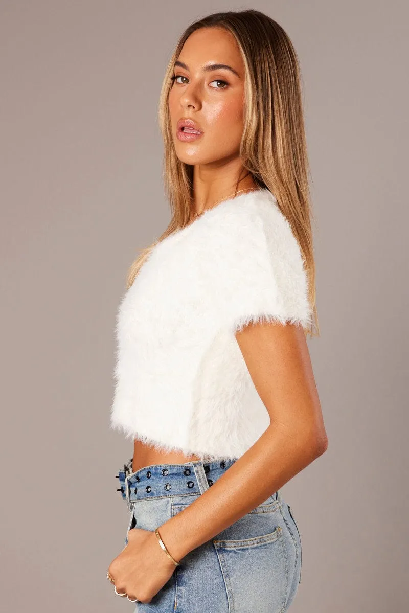 White Fluffy Knit Top Short Sleeve Crop sold by Ally Fashion product image thumbnail 4