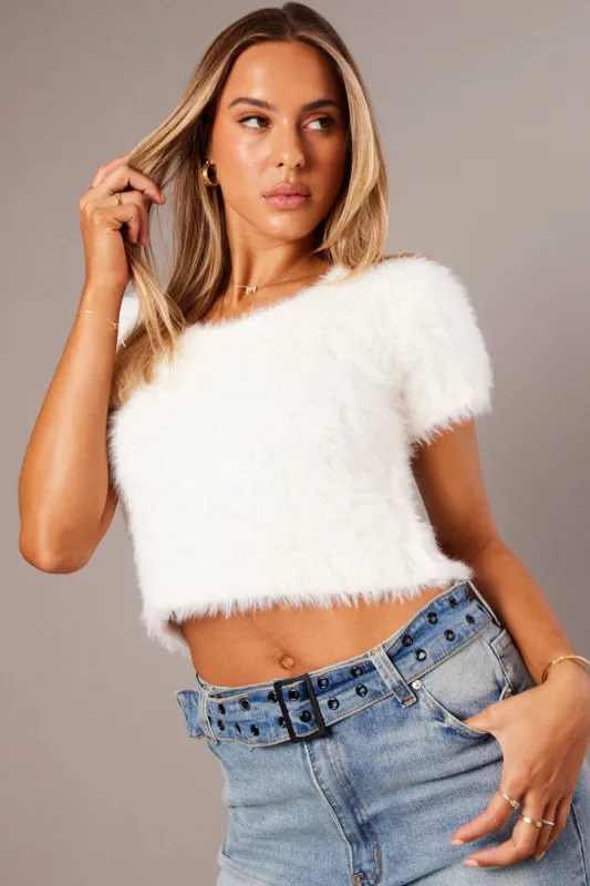White Fluffy Knit Top Short Sleeve Crop sold by Ally Fashion