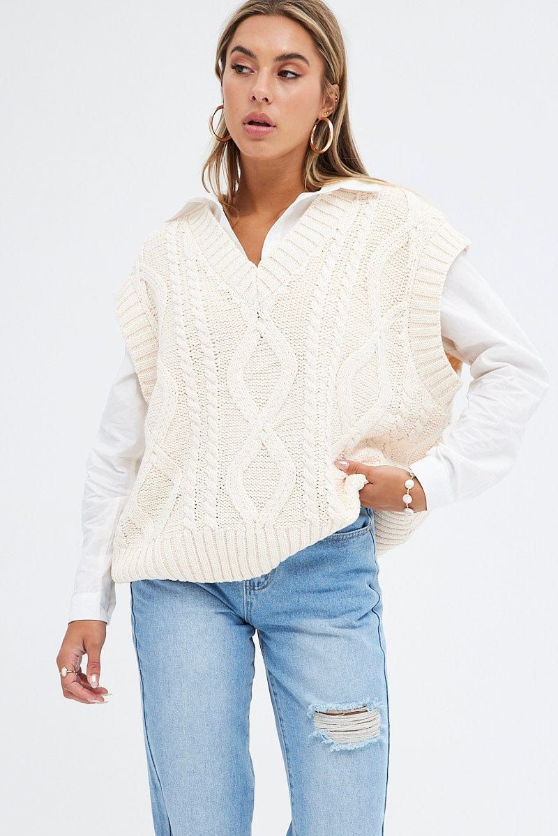 Beige Knit Top Vest Cabled Oversized sold by Ally Fashion
