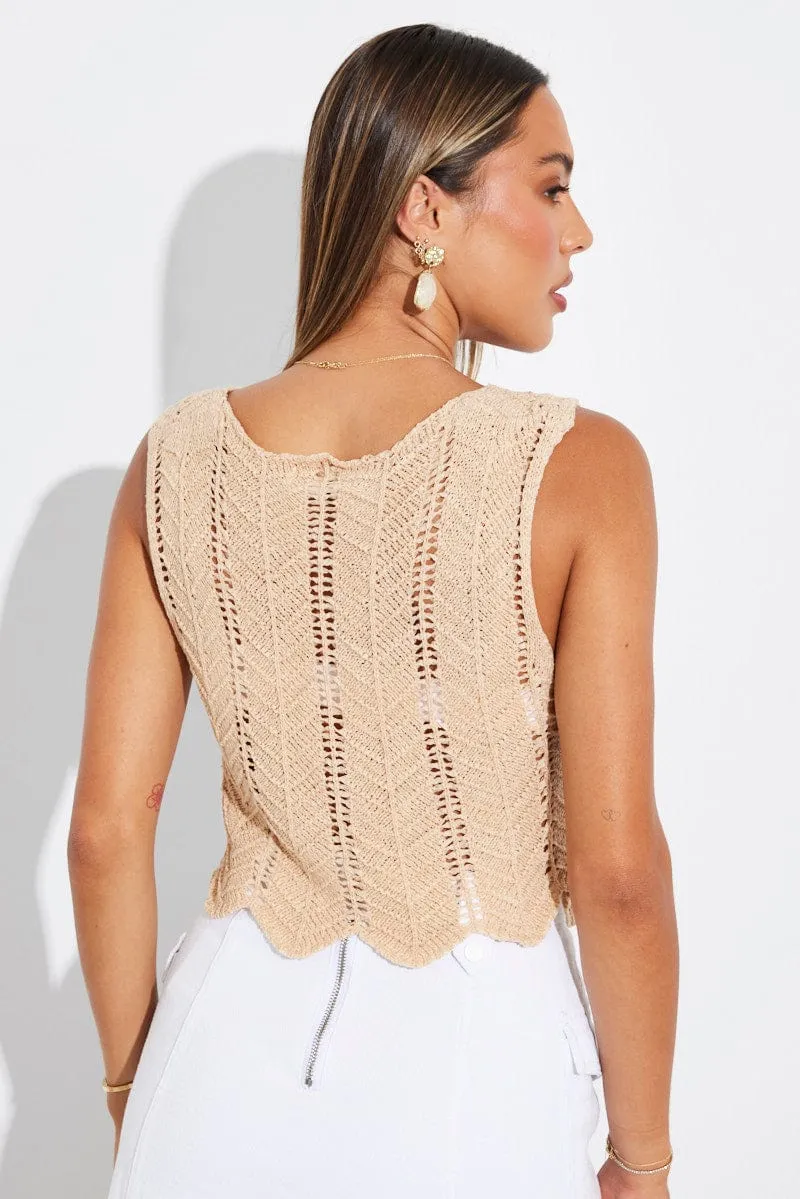 Beige Crochet Knit Vest V Neck sold by Ally Fashion product image thumbnail 5