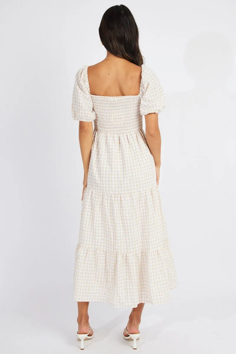 Beige Check Maxi Dress Short Sleeve Shirred sold by Ally Fashion product image thumbnail 5