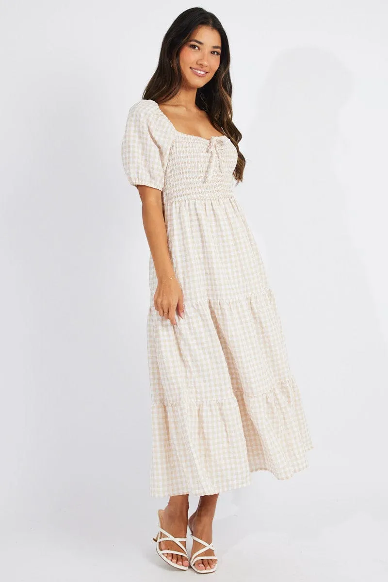 Beige Check Maxi Dress Short Sleeve Shirred sold by Ally Fashion product image thumbnail 2