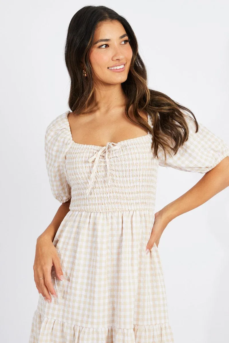 Beige Check Maxi Dress Short Sleeve Shirred sold by Ally Fashion product image thumbnail 3