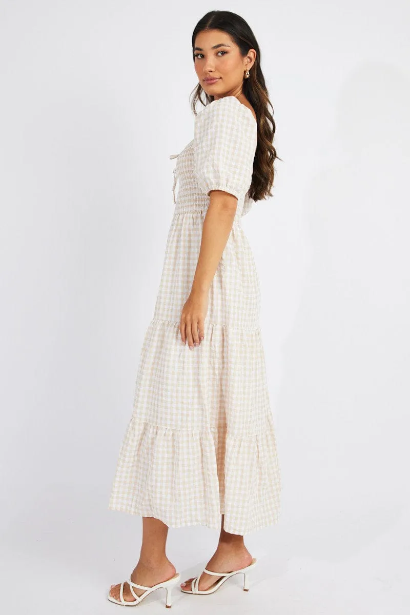 Beige Check Maxi Dress Short Sleeve Shirred sold by Ally Fashion product image thumbnail 4