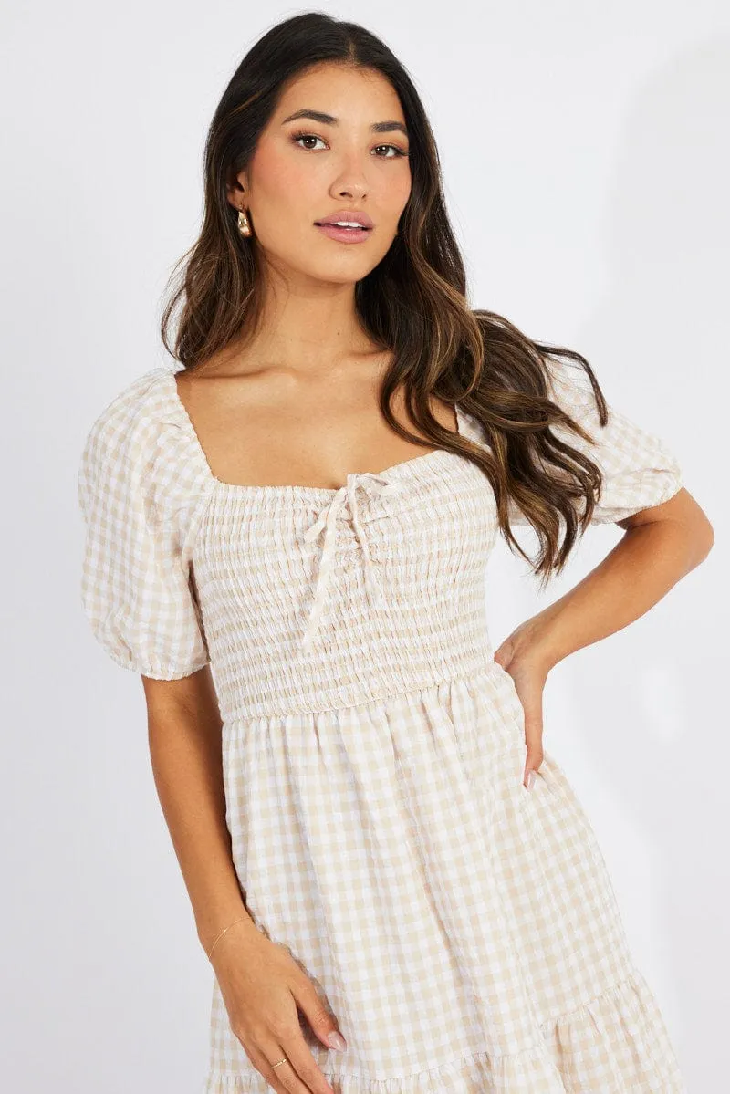 Beige Check Maxi Dress Short Sleeve Shirred sold by Ally Fashion