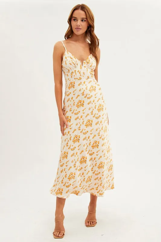 White Floral Midi Dress Sleeveless V-Neck Satin sold by Ally Fashion