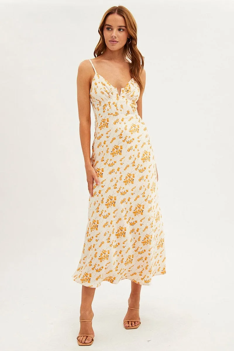 White Floral Midi Dress Sleeveless V-Neck Satin sold by Ally Fashion
