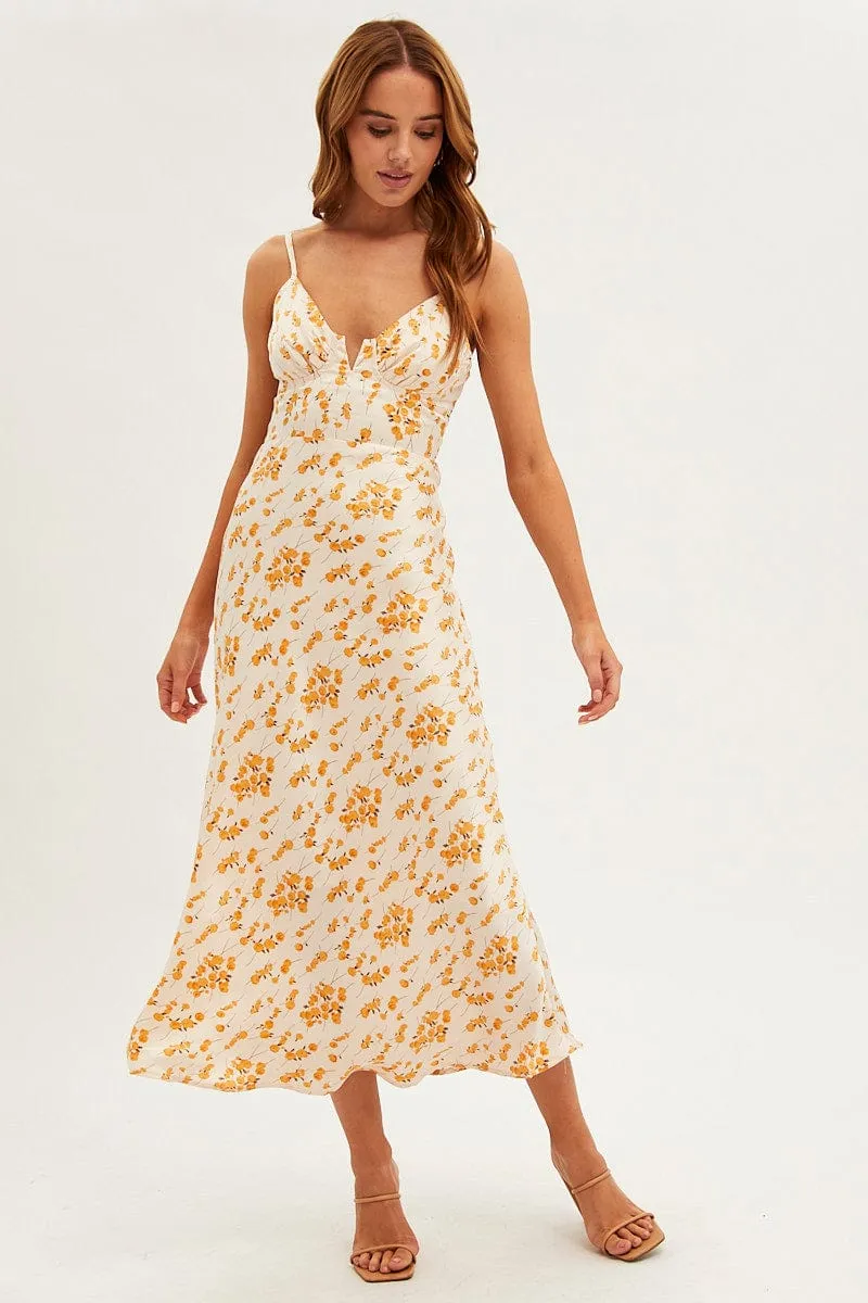 White Floral Midi Dress Sleeveless V-Neck Satin sold by Ally Fashion product image thumbnail 3